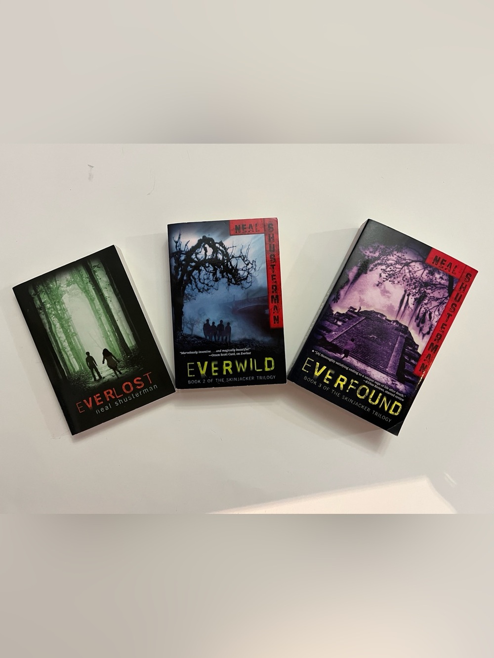 The Skinjacker Trilogy by Neal Shusterman. Volumes 1-3 of the series